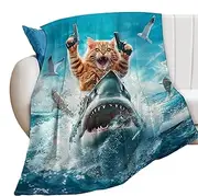 Cat Riding Shark Blanket - Ultra Soft Throw Blanket, Funny Cat Shark Blanket | Large Duvets for Sofa, Couch, Chair, Farmhouse