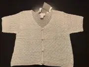 KRASHETTA BY PAPILLON WHITE PEARL BEADED SHORT SLEEVE CARDIGAN SWEATER SZ LARGE
