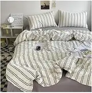 Soft Stripe Bedding Comforter Set with 2 Pillowcase and Bed Sheet 4Pcs All Season Duvet Cover Set ﻿ Bedding(White,Full 4pcs 180x220cm)