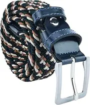 [GRESEL] Braided Men's and Women's Belt, Made of Elastic Fabric with Inserts Made of Genuine Leather, Brown blue, 110 (46-50)