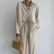 Set: Long-Sleeve Collared Plain Shirt + Drawstring Waist Harem Pants Set of 2 - Shirt & Pants - Almond - S