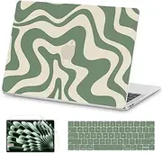 AKIT Compatible with MacBook Pro 13 inch Case M2 A2338 2025-2016 M1 A2251 A2289 A2159 A1989 A1708 A1706, Unique Pattern Plastic Laptop Hrad Shell Case&Keyboard Cover&Screen Protector Film, Green Wave