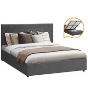 Oikiture Bed Frame Double Size Gas Lift Storage Base Grey Velvet COTI
