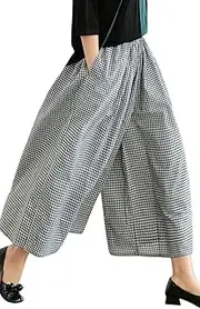 [Leyoutx] Women's Cotton Linen Wide Leg Culottes Pants Elastic Waist Plaid Gingham Capri Palazzo Pants