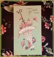 Vintage Greeting Card Get Well Cheer Parasol Floral 1930s Inside Design Env NOS