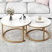Uandhome Nesting Coffee Table Set of 2,Round Coffee Table Wood Grain Top,for Living Room,Round Wooden Accent Coffee Table with Solid Powder-Coated Metal Frame(Gold&White)