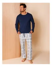 [Reserve] Long Sleeve Tee and Flannelette Pant PJ Set Check in Blue/Grey
