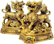 Feng Shui Set of Two Golden Brass Chi Lin/Kylin Wealth Prosperity Statue + Set of 10 Lucky Charm Ancient Coins on Red String Home Decoration Attract Wealth and Good Luck