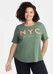 [Taking Shape] Taking Shape Cotton Active New York T-shirt Size 26 in Khaki - Plus Size Women's Clothing Khaki