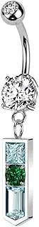 [Pierced Owl] 14GA 316L Stainless Steel Blue and Green CZ Crystal Pointed Baguette Dangling Belly Button Ring