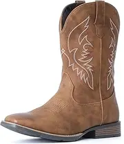 [IUV] Cowboy Boots For Men Square Toe Western Boot Durable Retro Classic Embroidered Pull On Boot Slip Resistant Country Boots