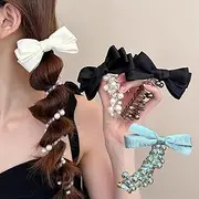 4 Pack Braided Spiral Hair Ties for Women - Elegant Bowknot Phone Cord Elastic Hairbands, Ponytail Holders Accessories (Black, White, Silver Pearl) (Black White Silver)