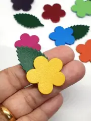 28 pcs Cute genuine Soft cow leather flower with Green leaf die cut, Mix rainbow