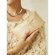 Elegant Champagne Satin Clutch Bag for Women – Evening Party Handbag with Gold Chain Strap and Crystal Clasp