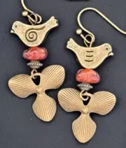 Sweet Bronze Bird with Orange Stone Earrings. Clover. Lucky. Spring. Nature