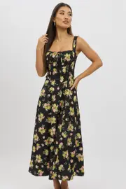 Black Floral Midi Dress Corset Detail - Size 14L, Women's Midi Dress