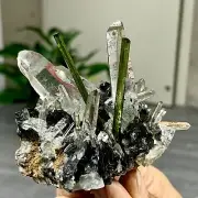 170G Natural Green tourmaline with specularite quartz crystal cluster mineral