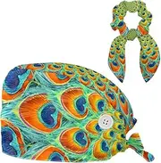 [FVQL] Set of 1 Bouffant Caps with Hair Scrunchy, Scrub Caps Women, Bird Peacock Feather Pattern Floral