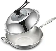 Kitchen Frying Pan Stainless Steel Wok Uncoated Non-Stick Pan Induction Compatible Suitable(34cm)