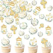 Cyodoos 48PCS Edible Baptism First Communion Cupcake Toppers Wafer Paper First Communion Cake Toppers Christian Theme Baby Shower Birthday Party Cake Decorations Supplies