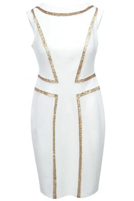 Joseph Ribkoff Womens Dress 10 White Sheath Ecru Gold Tone Sequins Bodycon