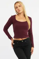 Red Rib Top Long Sleeve Scoop Neck Brushed - Size 14L, Women's Bodysuit