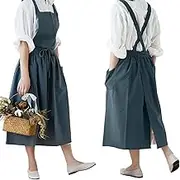 Japanese Cotton Linen Apron Adjustable for Women With Pockets, Fashion Pinafore Dress for Cooking Painting Gardening