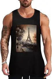 [NQHJT] Men Tank Tops Romantic Paris Eiffel Tower Sleeveless T Shirts for Men's Fitness Quick Dry Gym Tank Top for Men