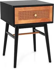 Giantex Rattan Nightstand, Boho Accent End Table with Storage Drawer, Mid-century Modern Bedside Table with Solid Wood Legs for Bedroom, Living Room, White and Brown/Black and Brown (Black)