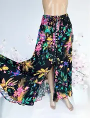 NWT Cynthia Rowley Maxi Skirt L Black Tropical Floral High Low Button Front Boho