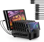 ORICO USB Charging Station Dock 10-Port Fast Charging Dock for Multiple Devices, Smart Charger Organizer with 10 Cables Compatible for Apple iPad iPhone Android Phone (Black- 10 USB Ports)