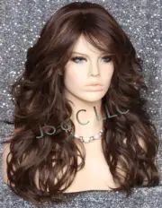Human Hair Blend Long Open Curly Full Wig Brown mix Bangs Heat OK 6/27 RBPO