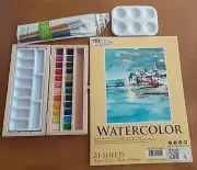 Colors watercolor paint set paper paints palette and brushes new starter set