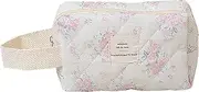 Quilted Makeup Bag, Cute Floral Cosmetic Bag for Women, Cotton Make Up Bag,Floral Makeup Handbag Travel Toiletry Bag Organizer