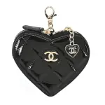 【CHANEL 香奈兒】經典雙C LOGO菱格紋漆面小牛皮愛心零錢包(黑色)