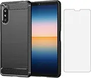 [Asuwish] Phone Case for Sony Xperia 10 II 2 with Tempered Glass Screen Protector Cover and Cell Accessories Slim Soft Silicone Protective Experia 10II 5G XQ-AU51 XQ-AU52 Women Men Carbon Fiber Black