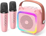 Mini Karaoke Machine for Kids Adults, Portable Pink Ear Bluetooth Karaoke Speaker with 2 Wireless Mics & LED Light, Kids Karaoke Microphone Toys Set for 4 5 6 7 8 9 10 11 12+ Year Old Girl Boy Gifts