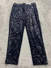 Chicos Pants Womens 8 Black Velvet Velour Sequins Panne Taper Ankle Pull On NWT