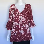 Crossroads Blouse Womens Size 12 Burgundy 3/4 Sleeve Wrap Top BNWT Business