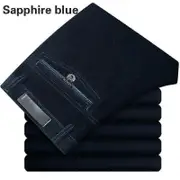 Men Corduroy Cord Trousers Stretch Straight Pants Casual Loose High Waist Retro Pants sapphire blue 40