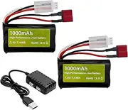 Fytoo 2PCS 7.4V 1000mAh 2S Li-ion Battery with T Plug and 2in1 Charger Suitable for YC100 HM161 HM162 HM166 HM201 9145 1:20 RC Truck RC Car HBX X03 Remote Control Ship Battery