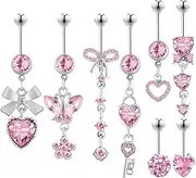 Taouzi Cute Pink Heart Belly Rings Dangle Belly Button Ring for Women 316L Stainless Steel Belly Button Piercing Pack with Heart Bow Butterfly Flower Elements 14G