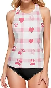 [ODAWA] Tankini Tops Daisies Green Backless Swimwear Tankini Halter Swimsuits for Women, Pink and White Checks Plaid, Medium