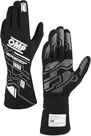 OMP Racing Driving Gloves, Sport, FIA Approved, Single Layer, Fire Retardant Fabric, Black/White, Small, Pair