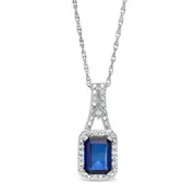 Emerald-Cut Lab-Created Blue Sapphire and 0.05 CT. T.W. Diamond Frame Drop Pendant in Sterling Silver