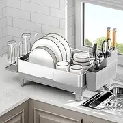 SanDream Dish Drying Rack, Stainless Steel Dish Rack for Kitchen Counter, Dish Drainer with 360°Rotatable Drain Spout & Utensil Holder & Cups Holder, Sink Dish Rack Organizer with Draining Tray, Gray