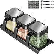 3 Pcs Glass Spice Jars with Stickers Lids & Spoons, Salt Container Sugar Bowl Set, Canisters Pots Seasoning Box, Airtight Kitchen Storage Containers for Home, Apartment, Dorm ﻿