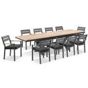 Austin Outdoor 2.2m - 3m Extension Teak Timber and Aluminium Table with 10 Capri Dining Chairs Charcoal - Denim Grey