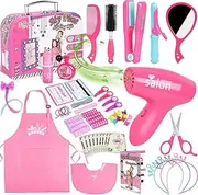 Gifts2U Hair Salon Toys for Girls, Girl Beauty Salon Playset Pretend Hair Styling Set with Blow Dryer, Barber Costume Apron, Scissors Styling Manu, Fake Money and Functional Stylist Accessories.