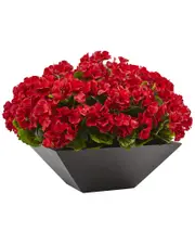 Nearly Natural Indoor/Outdoor UV-Resistant Geranium with Black Planter
